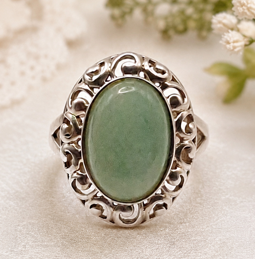 Sterling Silver Green Aventurine Ring Size 9 Filigree Mermaidcore Coastal Chic